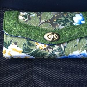 Fabric Floral Green Wallet with blue butterflies